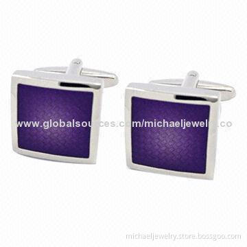 Brass Cufflinks with Purple Transparent Enamel and Plating White Steel (Nickel-Free)